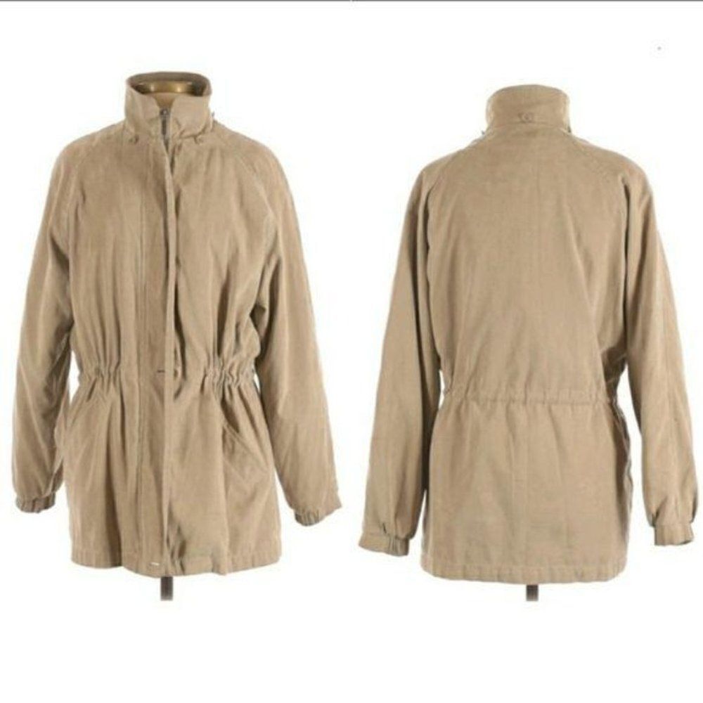 London Fog Coat Insulated‎ Lined Zip Up Mock Neck Drawstring Waist Tan Sz S